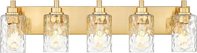 5-Light Bathroom Light Fixtures, 30 Inch Brushed Gold Vanity Lights with Clear Hammered Glass Cylinder Shade, Modern Vanity Lighting Fixture Over Mirror, VL198-BG-5