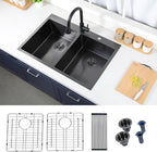 SHACO 33x22 Inch Black 50/50 Double Bowl Drop In Kitchen Sink, Top Mount 16 Gauge Gunmetal Black Stainless Steel Kitchen Sink with Grid and Accessories