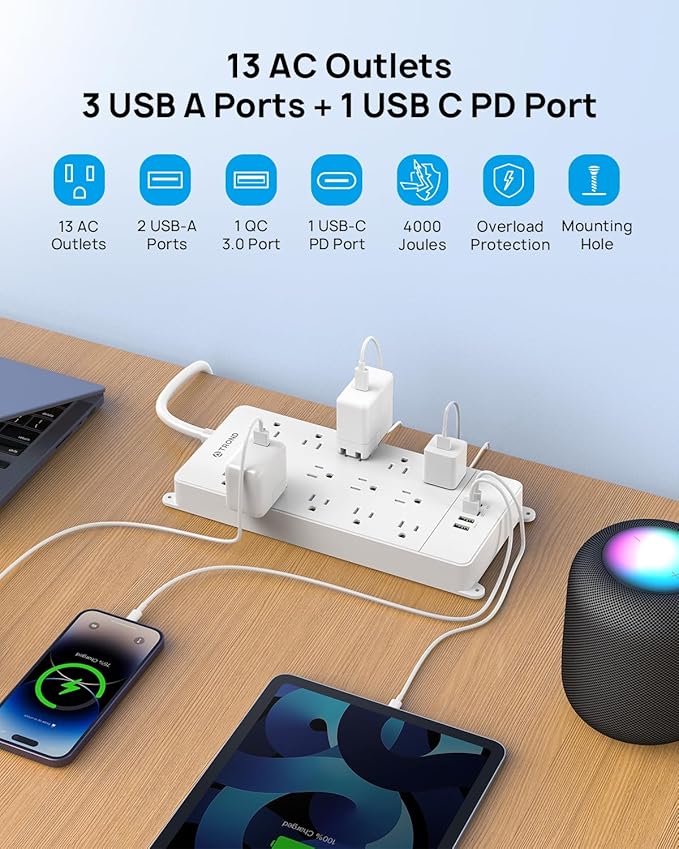 TROND Surge Protector Power Strip 10 ft, Flat Plug Long Extension Cord, 13 Wide Spaced Outlets, 4000 Joules, 32W Quick Charge 3.0 & USB C, Wall Mount, Under Desk, Heavy Duty, ETL Listed, White