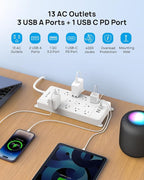 TROND Surge Protector Power Strip 15 ft, Flat Plug Extension Cord, 13 Wide Spaced Outlets, 4000 Joules, 32W Quick Charge 3.0 & USB C, Wall Mount, Under Desk, Heavy Duty, Mountable, ETL Listed, White