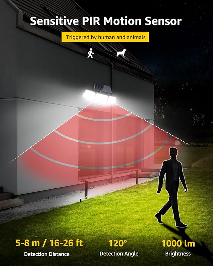 LE Solar Lights for Outside, Solar Lights Outdoor with Motion Sensor, WL4000 High Brightness, 3 Adjustable Heads 270° Wide Lighting Angle, IP65 Waterproof, Wireless Wall Lamp for Yard Garage, 2 Packs