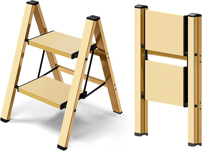Taranta 2 Step Ladder,Aluminum Lightweight Folding 2 Step Stool with Anti-Slip Wide Pedal,330lbs Capacity Step Ladder for Household,Kitchen,Office - Gold