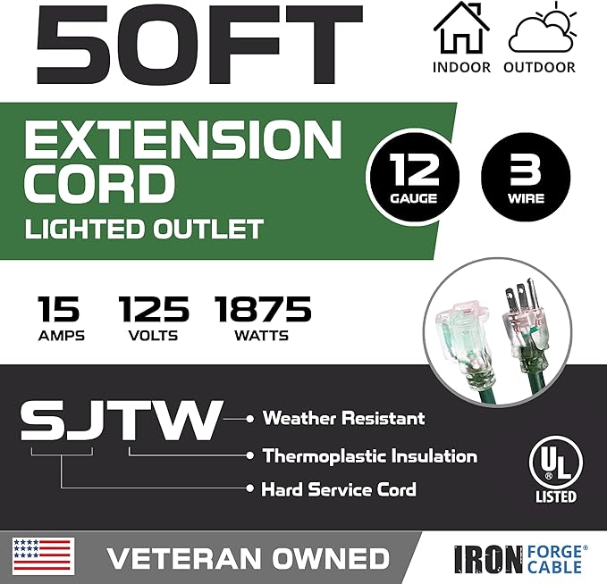 Iron Forge Cable 50 Foot Outdoor Extension Cord,12/3 SJTW Heavy Duty Green Extension Cable with 3 Prong 50 ft, Weatherproof Cord for Major Appliances, Landscaping, Gardens & Outdoor Lights Decoration