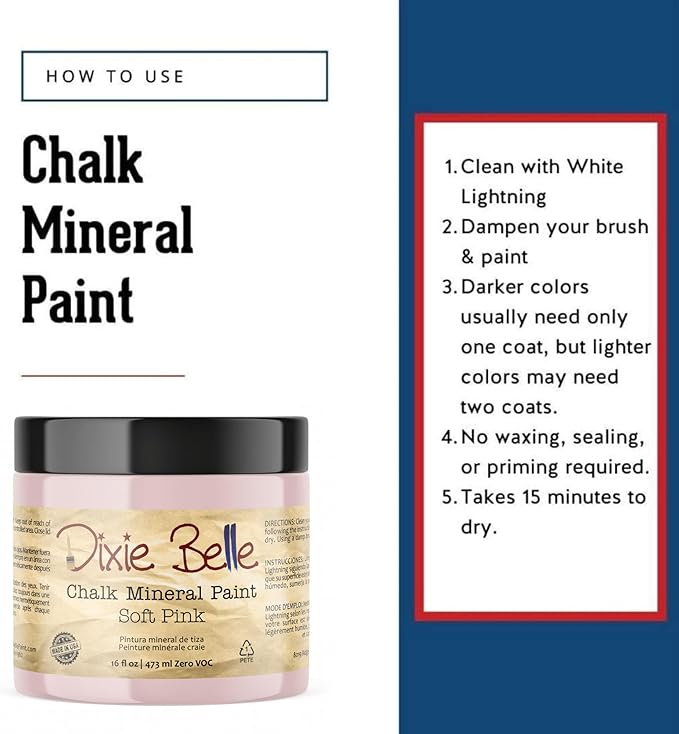 Dixie Belle Paint Company Chalk Finish Furniture Paint - Soft Pink (16oz) - Matte Dainty Pink Chic Chalk Mineral DIY Furniture Paint