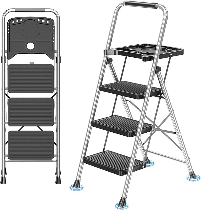 3 Step Ladder, Folding Step Stool with Tool Platform, Wide Anti-Slip Pedal and Anti-Slip Feet, Sturdiest Steel Construction, 600lbs Capacity Steel Ladder for Home Office, Grey