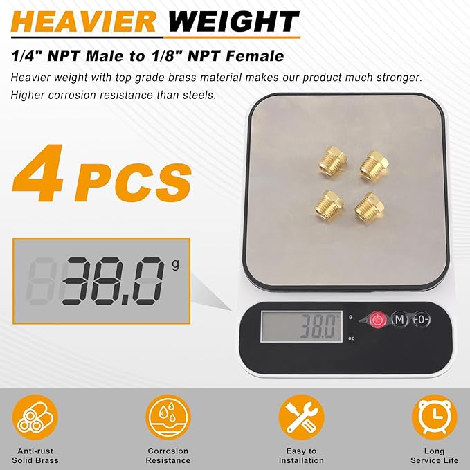 KOOTANS 4pcs Heavy Duty 1/4 NPT Male Thread to 1/8 NPT Female Thread Brass Reducer Hex Bushing Brass Fitting Pipe Hose Tube Adapter Convert