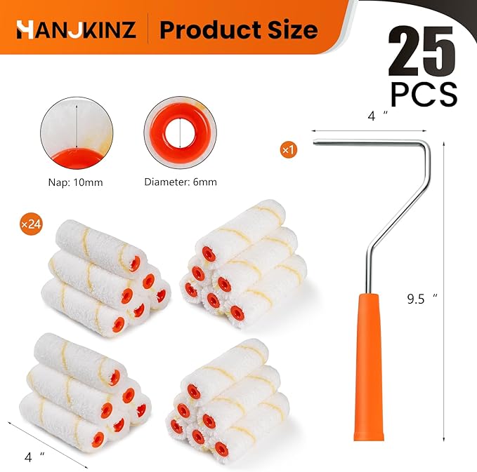 24 Pack Microfiber Paint Roller 4 Inch, Mini Paint Roller Covers, 3/8 Inch Nap, Small Paint Rollers for House Painting with Paint Roller Frame, Wall Painting Tool