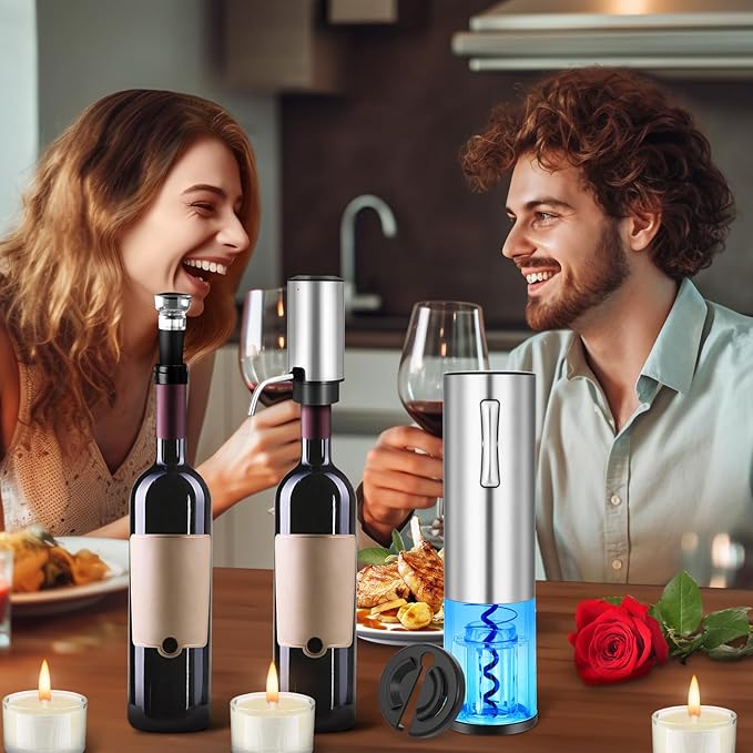 Electric Wine Opener with Electric Decanter and Aerator, Rechargeable Electric Wine Bottle Opener, Stainless Steel Wine Accessories with Foil Cutter, Electric Aerator, Vaccum Stopper