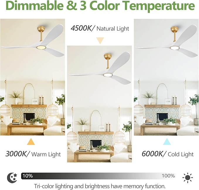 60 Inch Gold Ceiling Fans with Lights and Dimmable Mordern, 3CCT,Outdoor Ceiling Fan with Lights High CFM Quiet 3 Blades Propeller Wood Ceiling Fan for Patio,Porch,Farmhouse,Gazebo