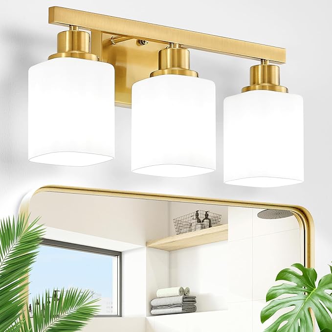 Bathroom Vanity Light,3-Light Gold Modern Bathroom Light Fixtures with Square Frosted Glass,Gold Wall Lamp Sconces for Mirror Bedroom,Living Room Hallway, E26