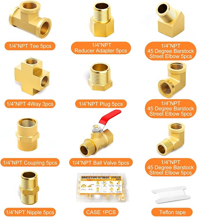 GASHER 48PCS 1/4"NPT Brass Pipe Fittings Kit，Coupling，90 Degree Elbow，45 Degree Elbow，Nipple，Ball Valve，Plug，Tee，4 Way，Reducer Adapter