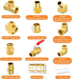 GASHER 48PCS 1/4"NPT Brass Pipe Fittings Kit，Coupling，90 Degree Elbow，45 Degree Elbow，Nipple，Ball Valve，Plug，Tee，4 Way，Reducer Adapter