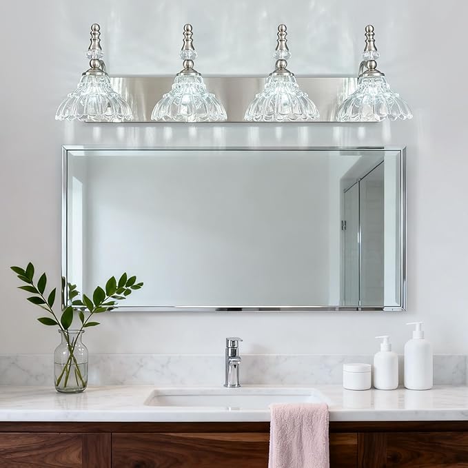 Vintage Bathroom Vanity Light, 4-Light Brushed Nickel Vanity Lighting Fixture with Flower Glass Shade, Bathroom Lighting Fixtures Over Mirror