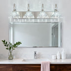 Vintage Bathroom Vanity Light, 4-Light Brushed Nickel Vanity Lighting Fixture with Flower Glass Shade, Bathroom Lighting Fixtures Over Mirror