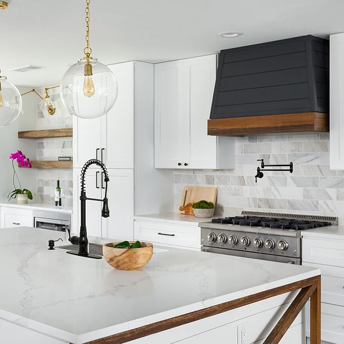 Akicon Pre-Rinse Spring Kitchen Faucet, Single Handle Solid Brass High Arc Pull Down Sprayer Head Kitchen Sink Faucet with Deck Plate