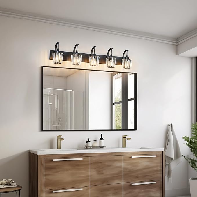 Modern Bathroom Vanity Light, 5-Light Black Wall Sconce with Crystal Accents, Over Mirror Bathroom Lighting Fixture, 42.51" Long Dimmable Vanity Lamp for Makeup, Easy Installation