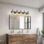 Modern Bathroom Vanity Light, 5-Light Black Wall Sconce with Crystal Accents, Over Mirror Bathroom Lighting Fixture, 42.51" Long Dimmable Vanity Lamp for Makeup, Easy Installation