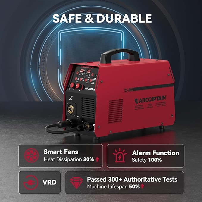 ARCCAPTAIN 6-in-1 Aluminum MIG Welder, 200A Welding Machine 110V/220V, Flux Core MIG/Gas MIG/Lift TIG/Stick Welding/Spool Gun MIG/Spot Multiprocess Welder with Synergy, Ideal for Beginner