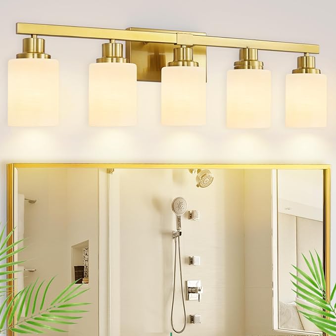 Gold Bathroom Light Fixtures, 5-Light Modern Brushed Gold Vanity Lighting Fixtures for Bathroom Over Mirror, 30" Gold Sconces Wall Lighting for Bedroom Hallway Living Room