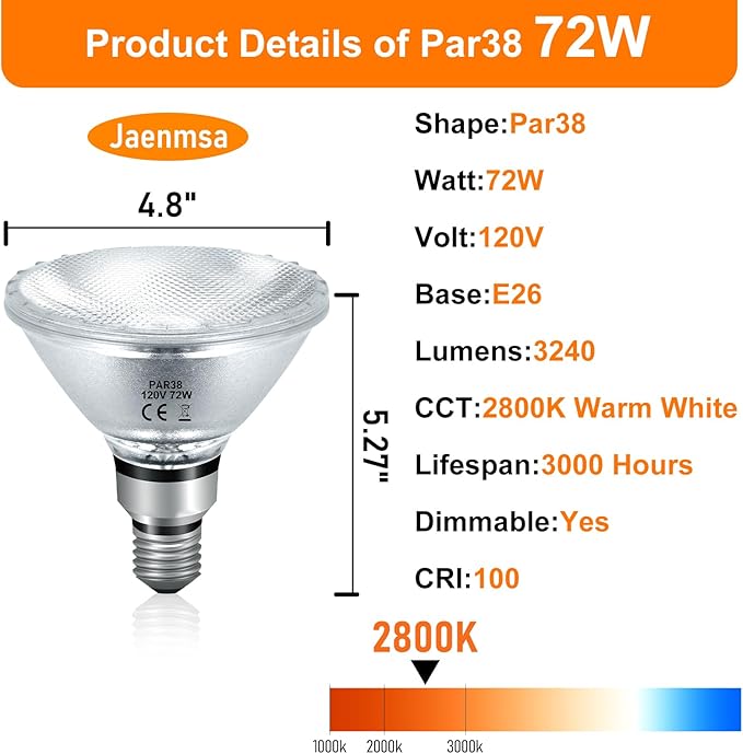 Halogen PAR38 Flood Light Bulbs 72W 120V, Dimmable Par38 Halogen Light E26 Base Bulbs Warm White 2800K 3420 Lumens for Indoor and Outdoor Floodlight, Reptile Heat Bulbs, 2-Pack