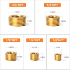 GASHER 25Pcs Brass Pipe Fitting,1/8" 1/4" 3/8" 1/2" 3/4" NPT Brass Internal Hex Thread Socket Pipe Plug Set