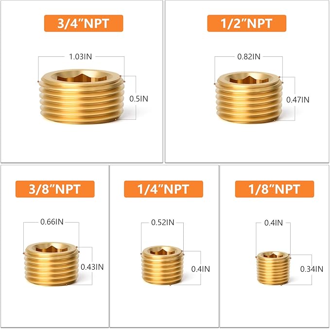 GASHER 25Pcs Brass Pipe Fitting,1/8" 1/4" 3/8" 1/2" 3/4" NPT Brass Internal Hex Thread Socket Pipe Plug Set