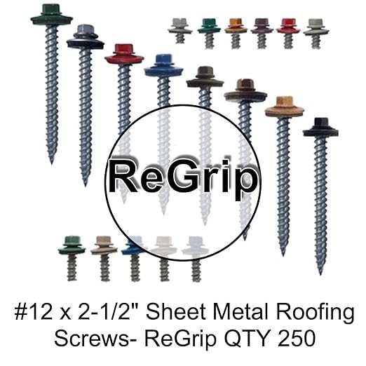 Metal ROOFING SCREWS: (250) 12 x 2-1/2" GALVANIZED/ZINC Hex ReGrip Head Sheet Metal Roof Screw. Sharp Point metal to wood siding screws. EPDM washer. Colored head