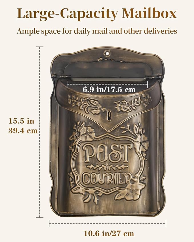 Uniclife Wall Mount Mailbox, Mailboxes for Outside, Decorative Vintage Mailbox, Metal Mail Box for House Decorations, Door Mail Box Decor for Home Garden & Outdoor, (No Locking Mechanism)