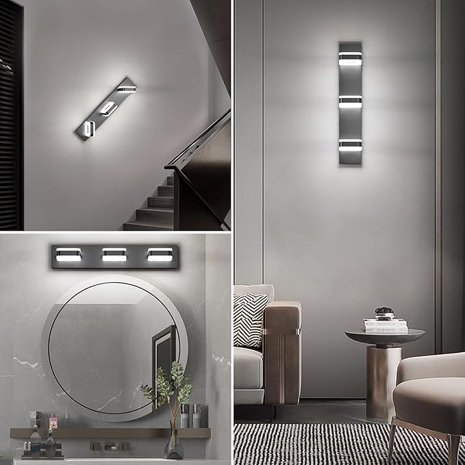Tipace LED Modern Bathroom Vanity Light Fixtures (3-Light, 23.6-Inch), Acrylic Black Bathroom Wall Lighting Fixtures Over Mirror (Cool White 5500K) with Rotatable Vanity Lights Heads