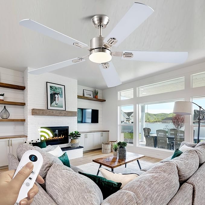 56 inch Ceiling Fans with Lights and Remote/App Control, DC Reversible Motor, Dimmable, Double-Side Blades, 6 Speeds Low Profile Modern Ceiling Fan for Livingroom, Indoor/Outdoor（Nickel）