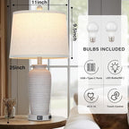 25" Vintage Farmhouse Jar Table Lamps, Single Rustic Bedside Lamp with USB A+C Ports & AC Outlet, Nightstand Lamps for Living Room, Bedroom, End Table, Grey White(LED Bulb Included)