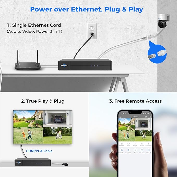 [4K HD + 330°Pan 90°Tilt] Hiseeu 4K PoE Security Camera System, CCTV Camera Security System w/4Pcs PoE PTZ Dome Cameras, Human/Vehicle Detect,2-Way Audio,Home Surveillance NVR Kit, 3TB HDD,7/24 Record