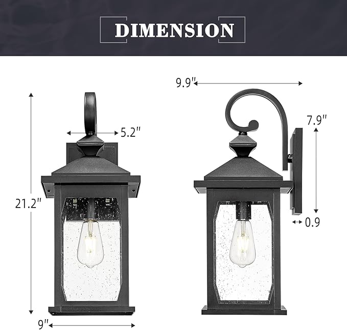 zeyu Large Farmhouse Outdoor Wall Light, 21 Inch Exterior Porch Light Fixture for Front Porch Garage, Die-Cast Aluminum with Seeded Glass, Black Finish, ZD99B-M BK