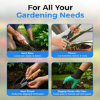 Scuddles 9-Piece Garden Tool Set – Heavy Duty Stainless Steel Gardening Tools with Non-Slip Rubber Grip Handles, Weed Puller Tool, Garden Gloves with Fingertip Claws, and Reinforced Storage Tote Bag