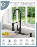 Black Kitchen Faucet with LED light,Kitchen Faucet with Soap Dispenser,Faucet for Kitchen Sink,Single Handle Stainless Steel Kitchen Sink Faucets with Pull Down Sprayer,Camper Farmhouse RV Sink Faucet
