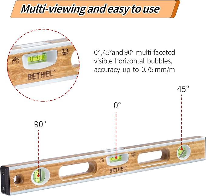 BETHEL Bamboo Level, 24 Inch Level & Tool Solid Block Acrylic Vials, Resists Mortar Adhesion, for Masonry Application and General Leveling (Light)