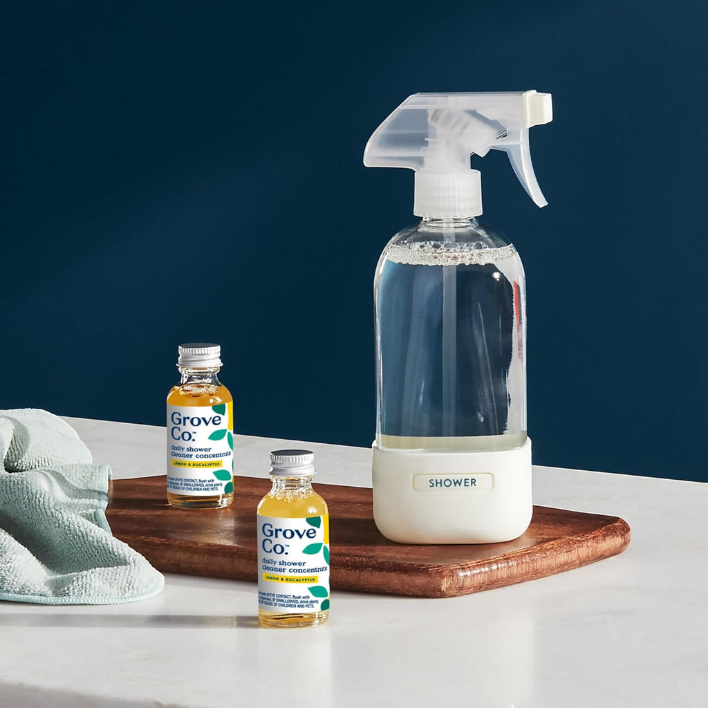 Grove Co. Daily Shower Cleaner, Refill Concentrate (2 x 1 Fl Oz) + 1 x Reusable Glass Spray Bottle (16 Oz), Plant-Based Cleaning Supplies, Reduced Plastic, Lemon & Eucalyptus Fragrance