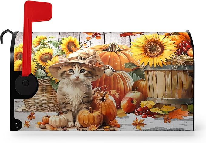 Fall Pumpkin Sunflower Mailbox Covers Magnetic 25.5X21 Inch Cute Cat Autumn Harvest Mailbox Cover Thanksgiving Wraps Post Letter Box Cover Large Size Garden Farm Outdoor Yard Decor