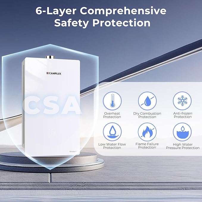 CAMPLUX Climatech 7 Tankless Water Heater Propane 85,300 BTU, 3.6 GPM Instant On Demand Propane Residential Tankless Hot Water Heaters Indoor, 1-3 Points Whole House, CA360W, Real Parameters