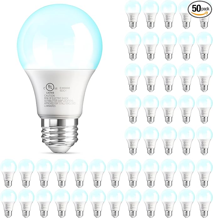 VOLIVO 50 Pack A19 LED Light Bulbs, 5000K Daylight, 60W Equivalent, Efficient 9W, 800 Lumens, Energy Saving LED Bulb, E26 Base, Non-Dimmable, UL Listed and FCC Certified, for Bedroom Living Room Home