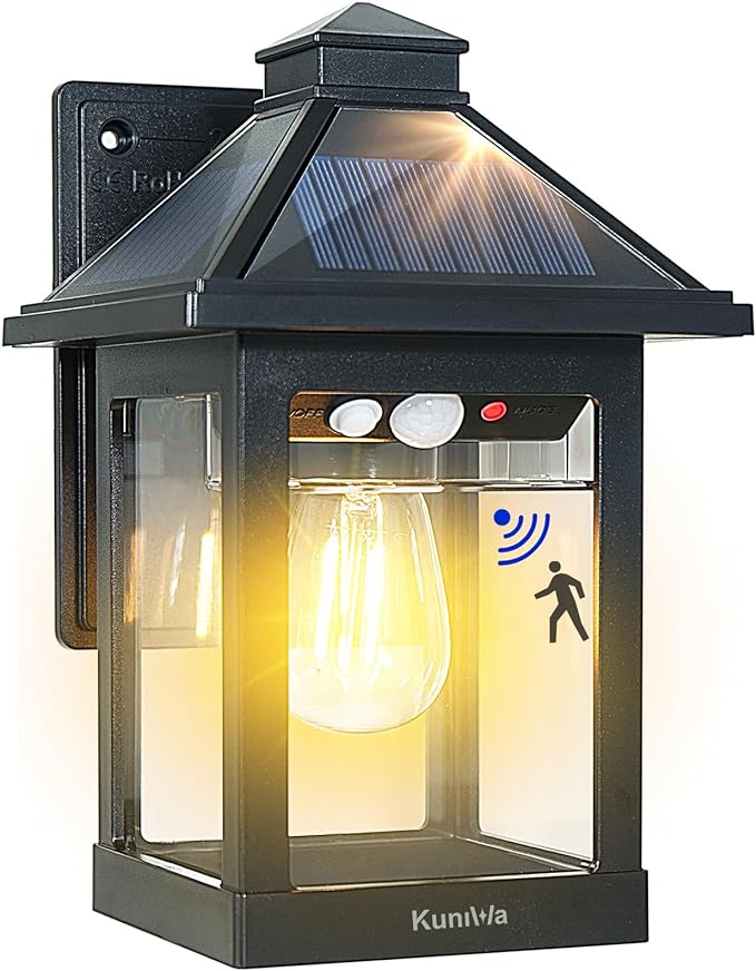 Solar Wall Light Outdoor with 3 Lighting Modes, Dusk to Dawn Led Wall Mount Sconce Exterior Motion Sensor Security Porch Lantern Light Fixture Waterproof for Patio Fence Outside Decorative