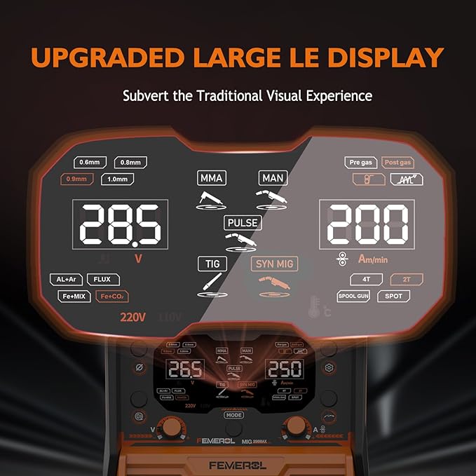 250A Aluminum Pulsed MIG Welder,7 in 1 Gas MIG/Pulse MIG/Flux Core/Stick/Lift TIG/Spot Welding/Spool Gun Compatible Aluminum Welding Machine LED Display 110V/220V Multiprocess Welder