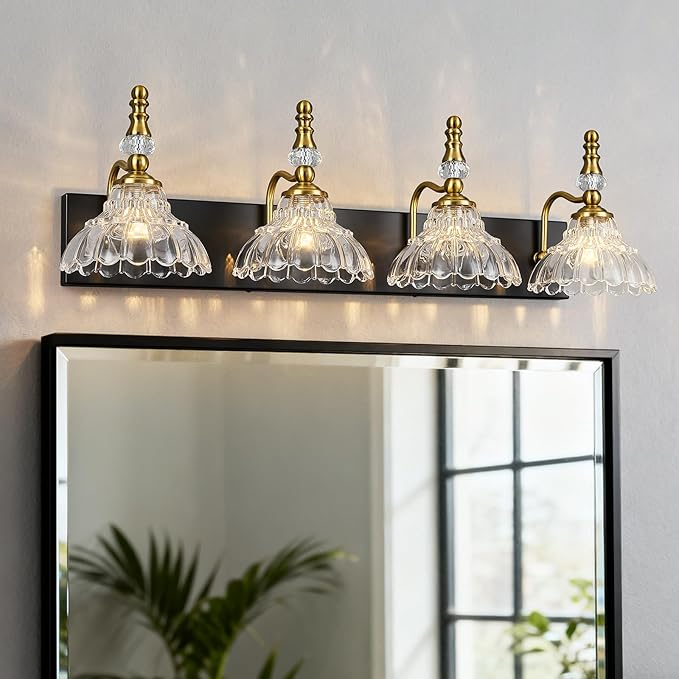 Vintage Bathroom Vanity Light, 4-Light Black Gold Vanity Lighting Fixture with Flower Glass Shade, Bathroom Lighting Fixtures Over Mirror