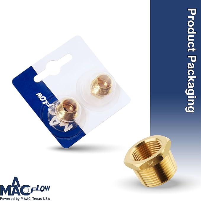 MAACFLOW brass 1/4" Male NPT to 1/8" Female NPT Adapter Reducer Hex Bushing (Thread OD 0.52" - ID 0.34") (pack of 2)