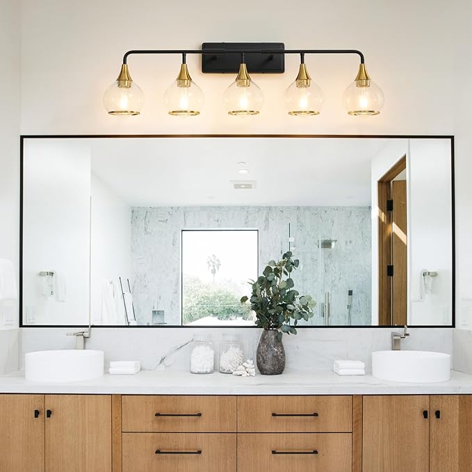 Black and Gold Bathroom Vanity Light 5-Lights Bathroom Light Fixtures Over Mirror with Clear Glass Shade 39.2 inch Wall Sconce Lighting Bath(Exclude E26 Bulb)