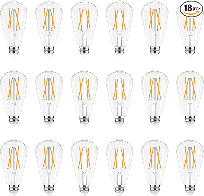 Dimmable E26 Edison Bulbs 2700K Warm White, 6W Equivalent to 60 watt E26 LED Bulb, ST58 Vintage Light Bulbs, 600LM, 90+ CRI, E26 Base, Clear Glass, 18 Pack