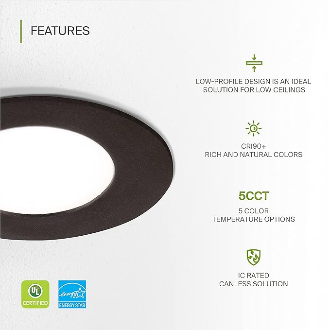 ASD 6 Pack 3 Inch LED Recessed Light 6W, 5 CCT 2700K-5000K CRI90+, IC Rated Ultra Thin Dimmable Ceiling Lights with J Box, Canless Wafer Downlight, Round Slim Panel Lighting, UL Energy Star, Black
