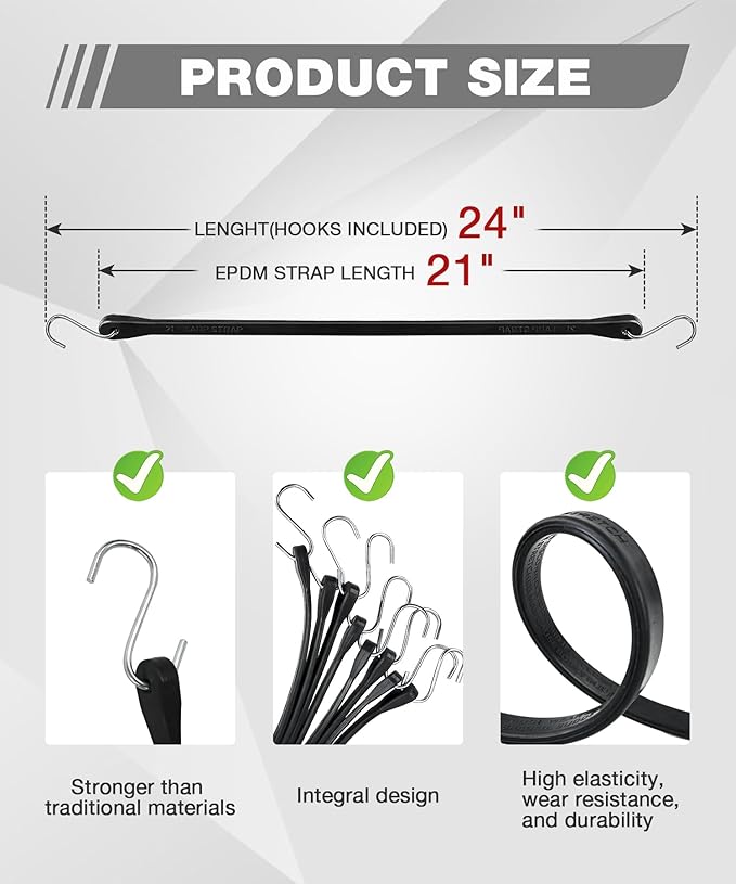 Bungee Cords Heavy Duty Outdoor 21", 10 Pack Rubber Bungee Straps with Metal S Hooks, EPDM Tarp Straps for Cargo, Canopy, All-Weather Use, 180 lbs Load