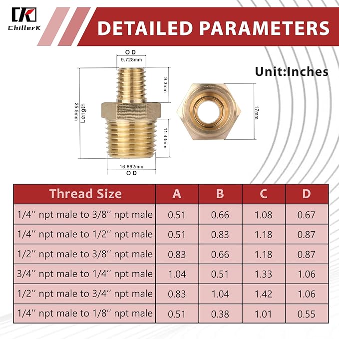 Hex Couplings, 1/2" x 3/8" NPT Male To Male Brass Hex Nipple Adapters, Brass Pipe Extension Fittings for Oil/Air/Water/Gas Systems. (2 Pack)