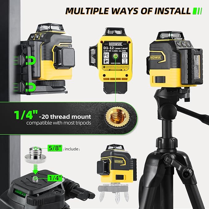 IKOVWUK Laser Level with Tripod, Laser Level 3x360° Self Leveling 12 Green Line, Rechargeable Battery 2 x 3000 mAh & Type-C Charging Port, Compact Adjustable 1.6M Tripod & Carry Pouch Included